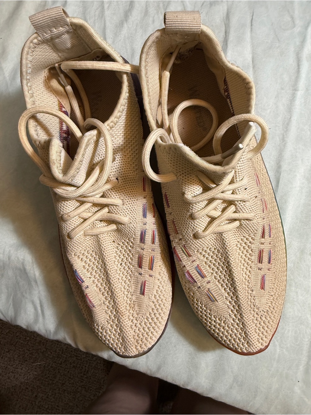 Wanted Beige Knit Lace-Up Athletic Sneakers with Multicolor Stitching